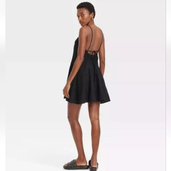 A New Day Beach Bungalow Mini Dress Linen Tie Back Scoop Neckline Lined Black M - Picture 2 of 10